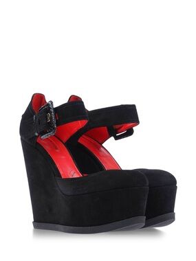 Cesare Paciotti Black Suede Platform Wedge Pumps with Red Interior